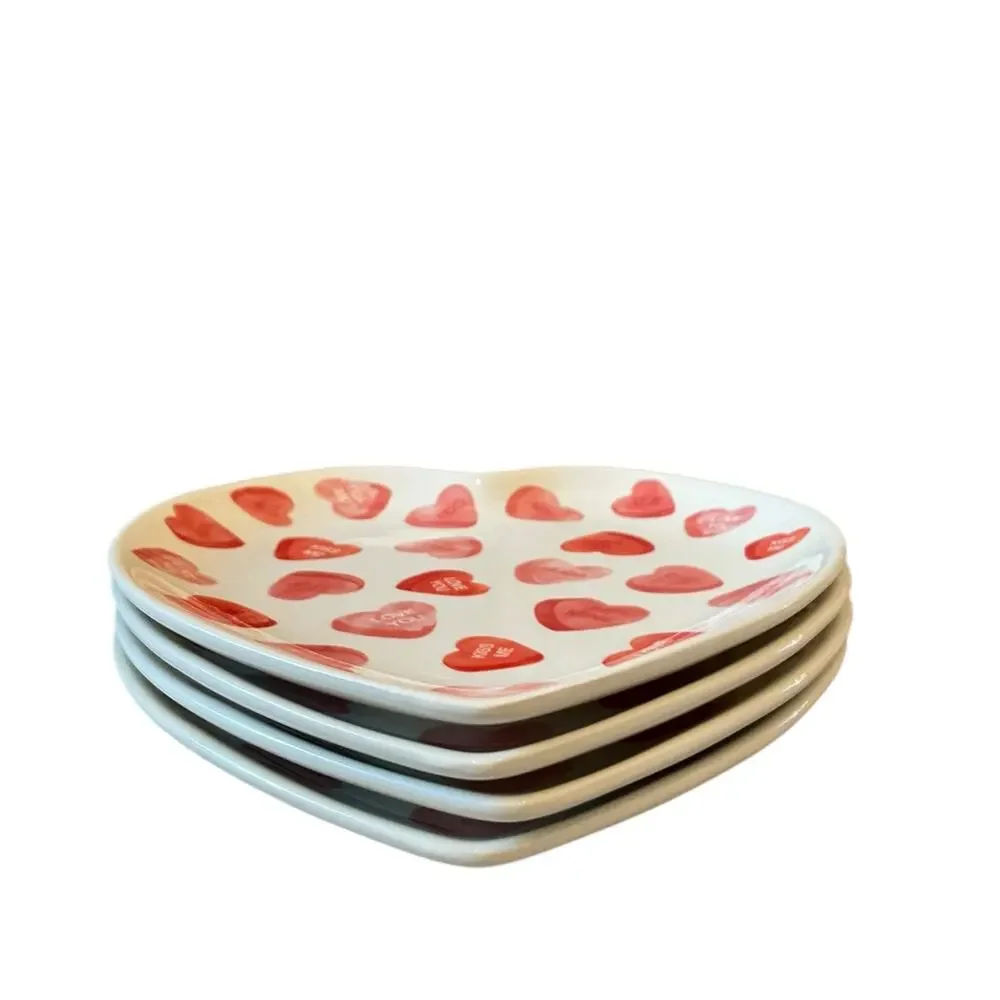 4 Maxcera Conversation Heart Valentine Dinner Plates 10in Ceramic Red & White